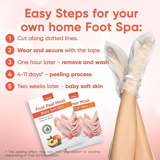 Foot Peel Mask - Foot Mask for Baby Soft Skin - Remove Dead Skin, Dry, Cracked Feet & Callus, Foot Spa, Made with Aloe Vera Extract for Women and Men (3 Pairs Peach)