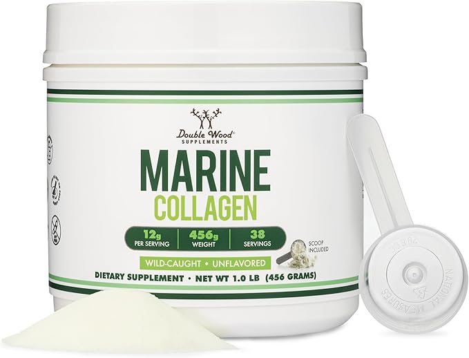 Double Wood Supplements Marine Collagen Powder (1 LB / 16 OZ of Quick Dissolve Marine Collagen Peptides) Wildcaught, Unflavored, Micronized - Scoop Included, No Fillers (38 Servings of 12 Grams Each)