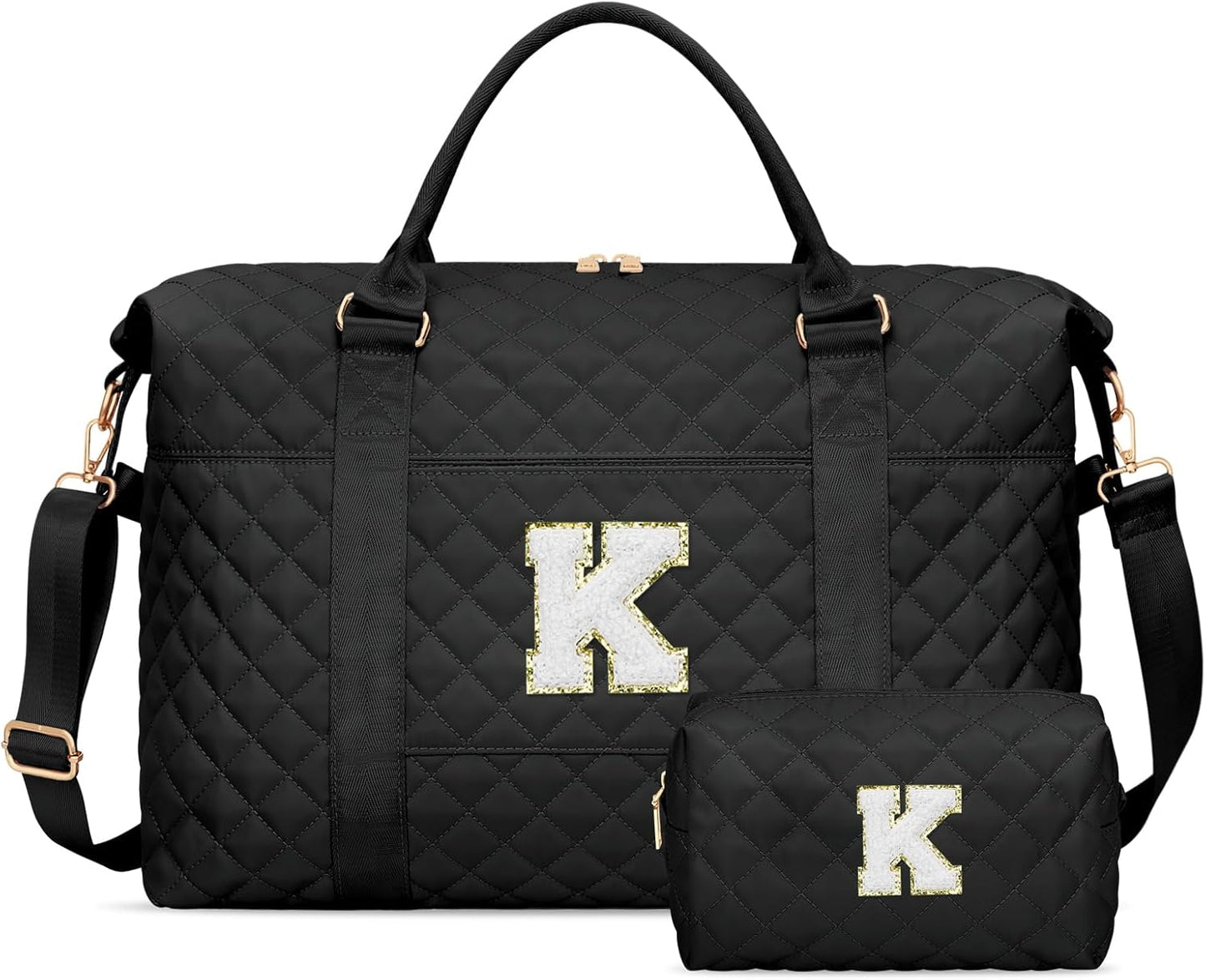 Gifts for Teen Girl, Initial Travel Duffle Bag, Personalized Women Weekender Overnight Bags, Gift for Daughter Kid Girl Wife Friend（Black,K)