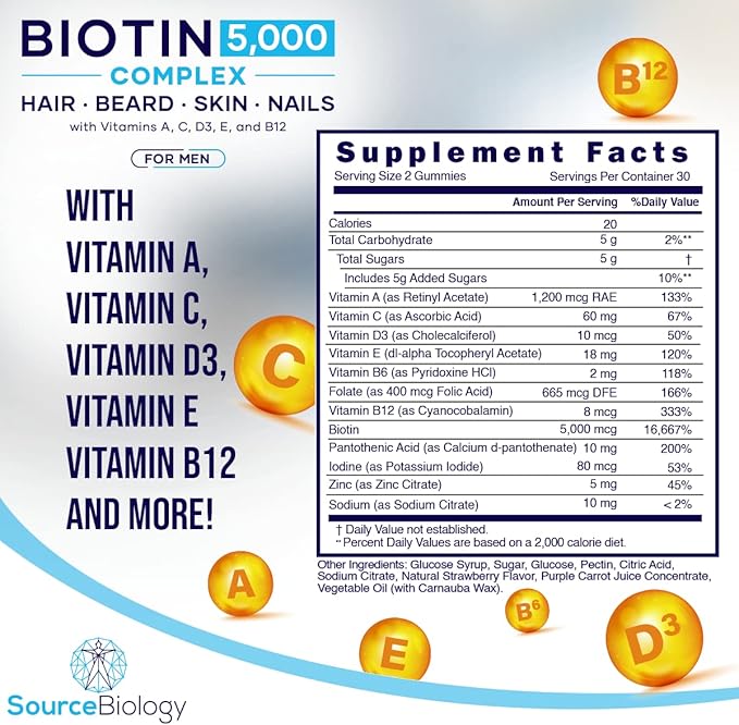 Biotin 5000 Mcg Complex - Hair, Beard, Skin, Nails Formula for Men - High Potency Vegan Friendly Gummies - with Vitamins A, C, D3, and B12