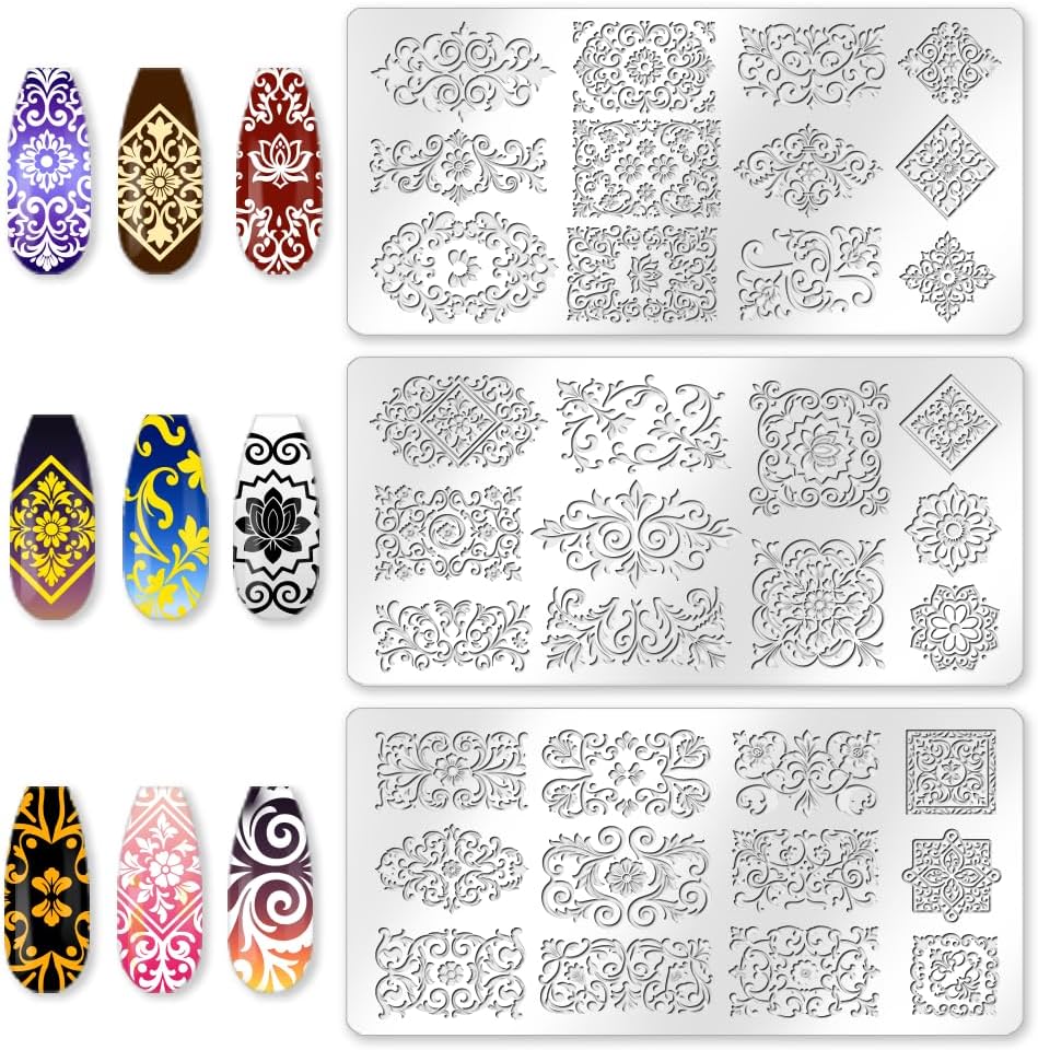 benikmake 3pcs Retro Pattern Nail Stamping Plate Nail Printing Stainless Stencil for Manicure Salon Mosaic Tile 6x12cm 2.36x4.7inch