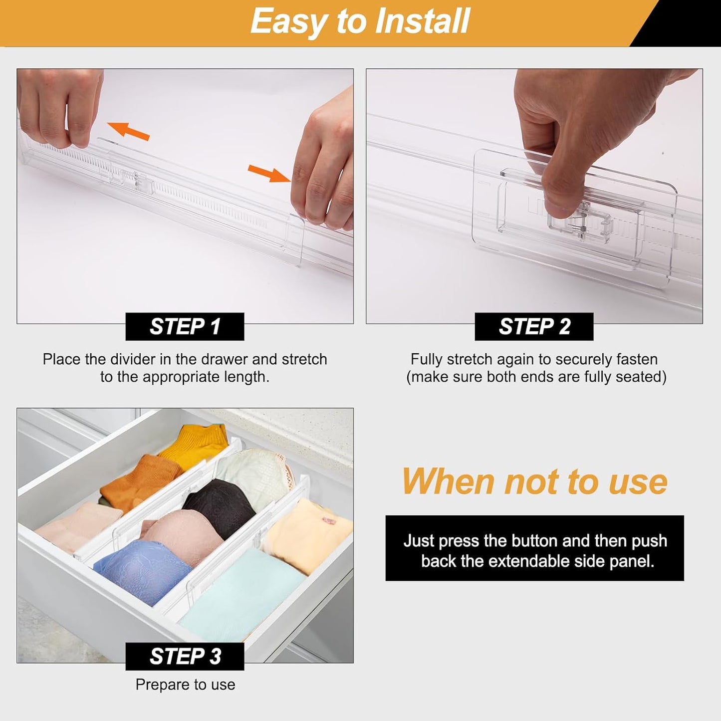 4 Pack Drawer Dividers for Clothes, 2.3" High 13"-21" Adjustable Drawer Dividers Expandable Dresser Drawer Organizer, Clear Drawer Separators for Clothes, Underwear, Cosmetic, Kitchen Utensils Storage