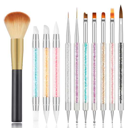 11PCS Nail Art Brush Set with Nail Dust Brush, Double-Ended Silicone Nail Art Tools for Acrylic Nails, Carving, Painting, Line Drawing, DIY Salon Manicure