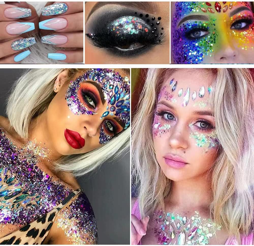 Silver Body Face Glitter Gel, Liquid Holographic Chunky Glitter Singer Concerts Music Festival Rave Accessories, Mermaid Lip Eye Nails Hair Body Glitter Makeup,50g