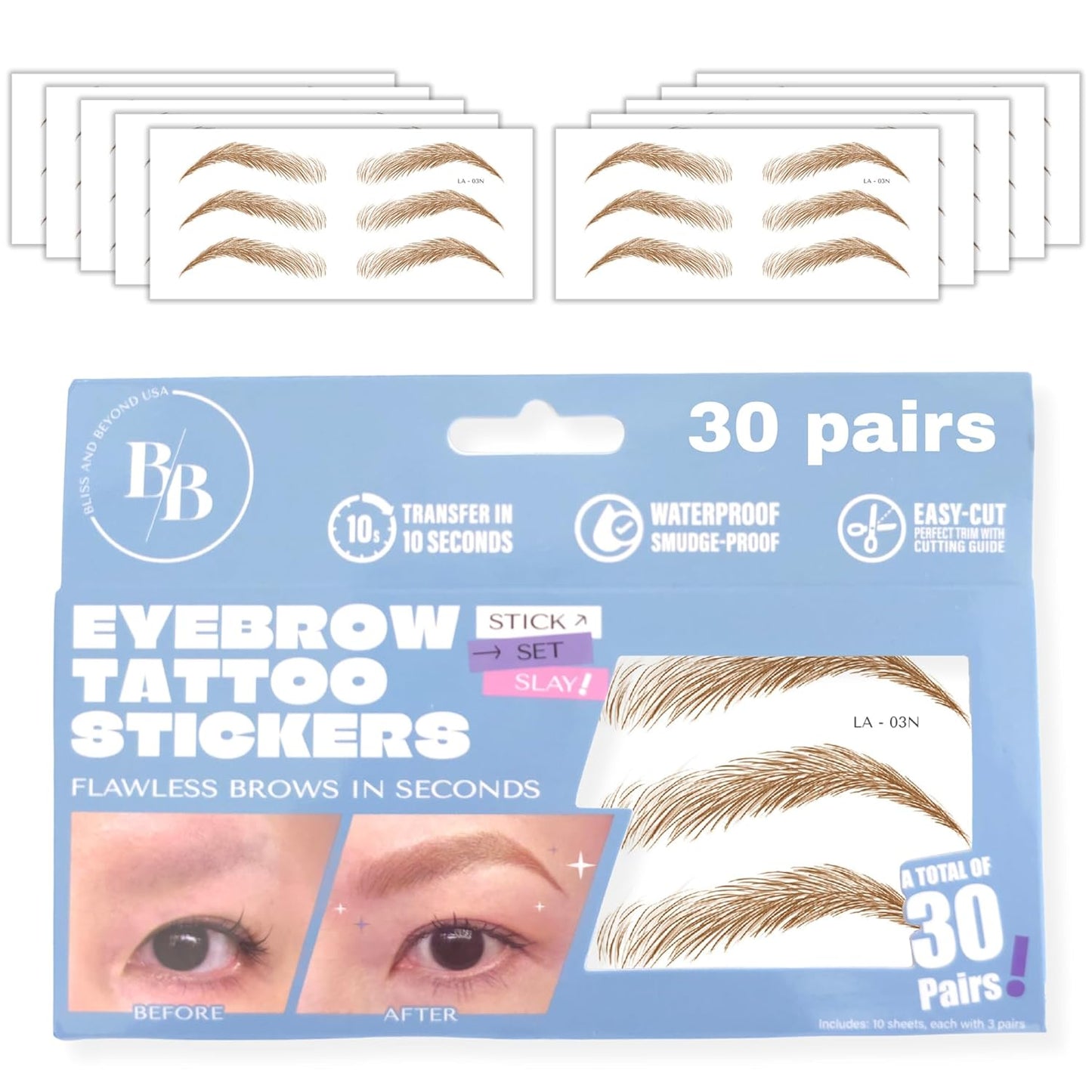 Bliss and Beyond USA Eyebrow Tattoo Stickers Waterproof – 30-Pair Deluxe Box | Realistic Hair-Like Temporary Brows for Alopecia, Cancer, and Hair Loss (Light Brown, Natural Los Angeles)