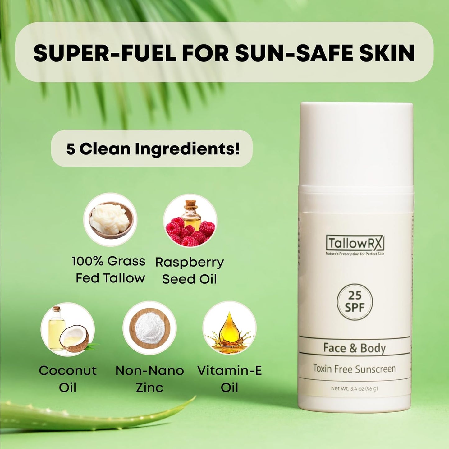 Tallow Sunscreen SPF 25 with Non Nano Zinc Oxide – Natural Mineral Sun Protection with Red Raspberry, Coconut Oil & Vit E – Reef Safe, Non Toxic & Moisturizing Sunblock for Face & Body – 3.4 oz