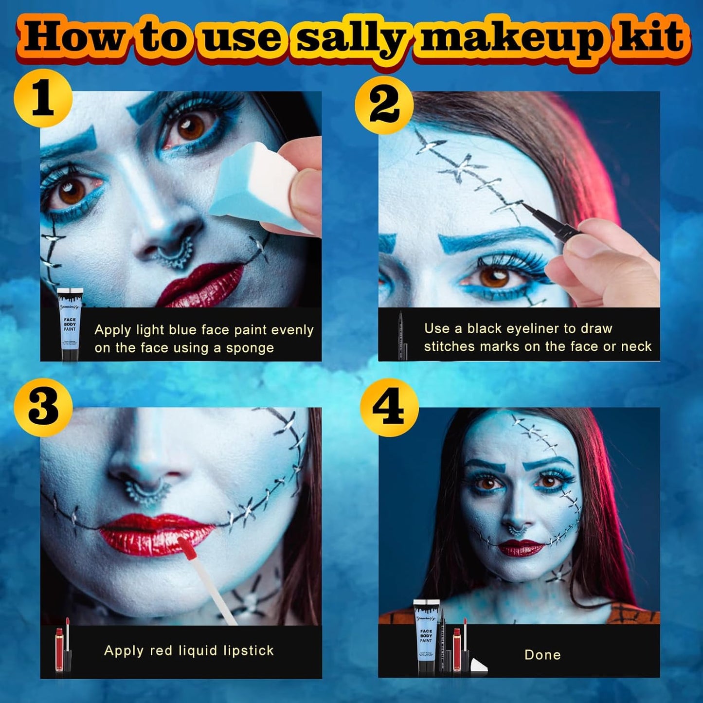 Sally Makeup Kit,Corpse Bride Halloween Makeup Kit,Water Based Light Blue Face Body Paint+Black Eyeliner+Red Lipstick+Sponge,Baby Blue Face Painting Kit for Sally Costume Cosplay