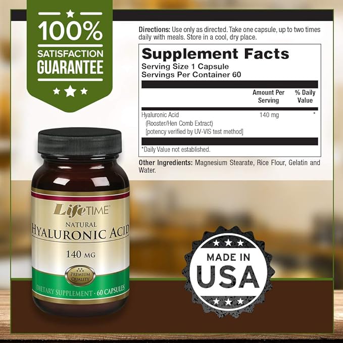 LIFETIME Natural Hyaluronic Acid | Supports Healthy Skin & Joints | Skin Hydration, Joint Lubrication| Made in Our own Facility | 140mg | 60 Capsules