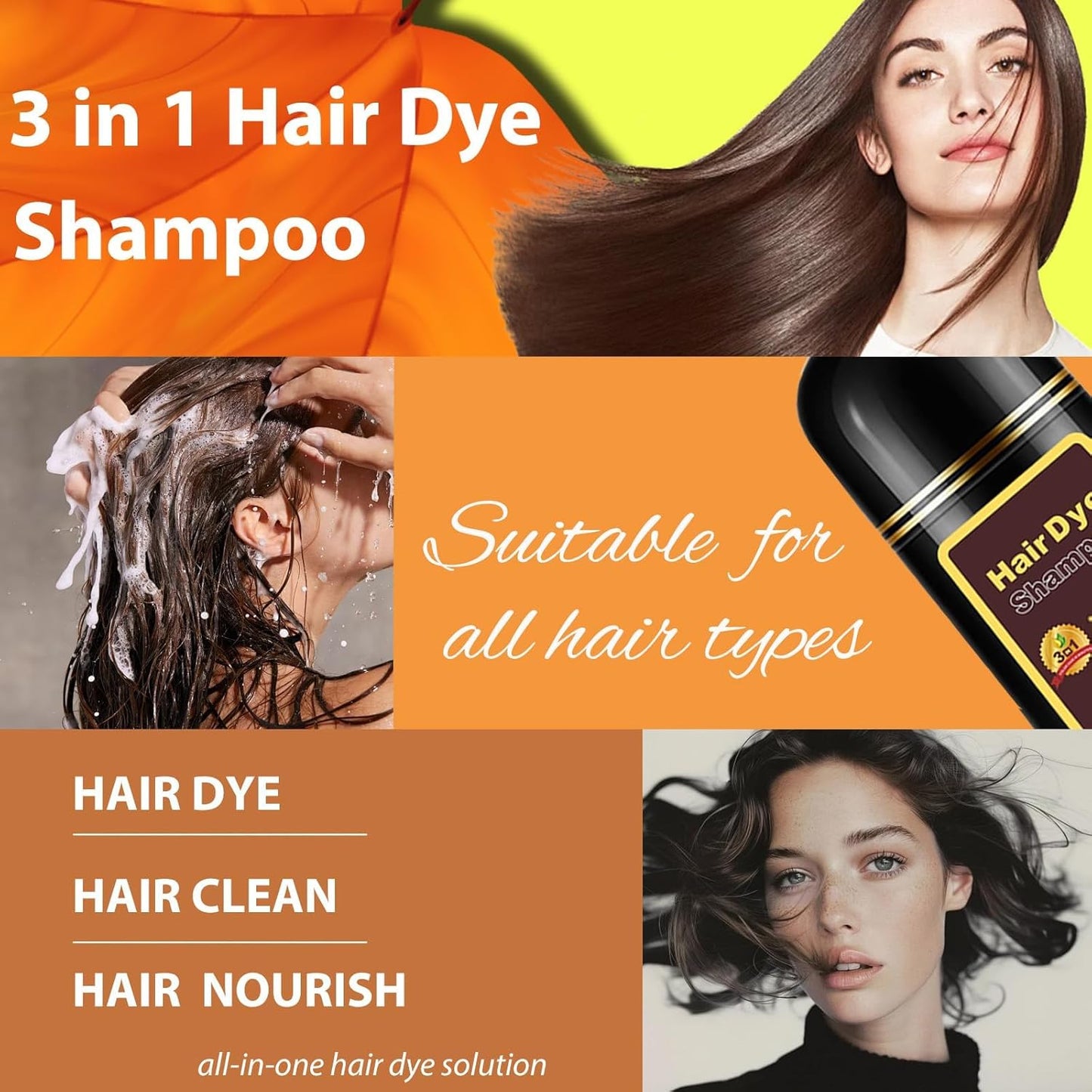 Hair Dye Shampoo Cherry Brown, 3 in 1 Long-Lasting Hair Color Shampoo with Herbal Ingredients, Instant Natural Color, Easy Application at home for Women Men 16.9 Fl Oz