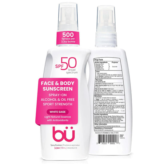 BU SPF 50 Sunscreen Spray for Face and Body, Non Aerosol Spray, TSA Travel Size Sunscreen, Clear, Non Greasy, Water Resistant, White Sage 3.3 oz