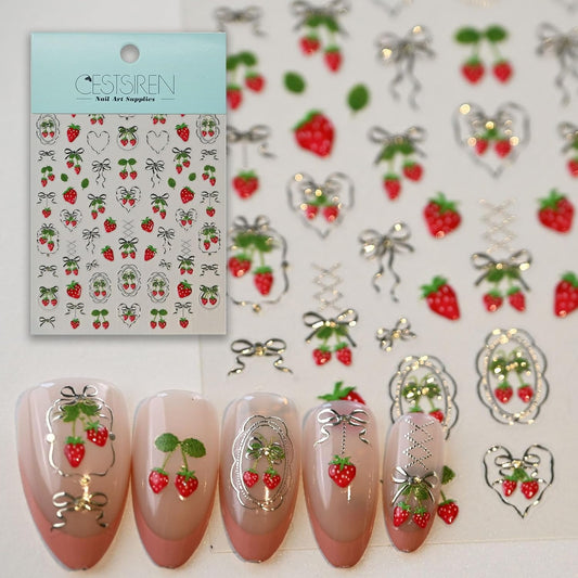 Strawberry Bow Nail Art Stickers, Embossed Fruit Nail Decals, Self-Adhesive, Summer Spring Accessories for Women, Nail Decorations