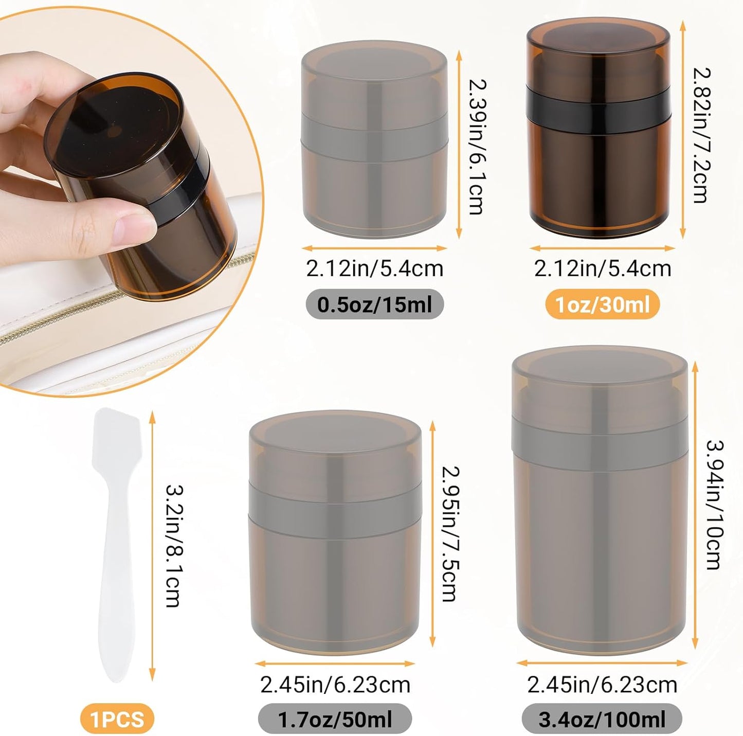 Segbeauty 1oz Refillable Small Airless Pump Jar Amber, 3pcs Empty Travel Size Cream Containers, Mini Vacuum Lotion Travel Bottles for Toiletries, 30ml Pump Dispenser Makeup Containers for Liquids