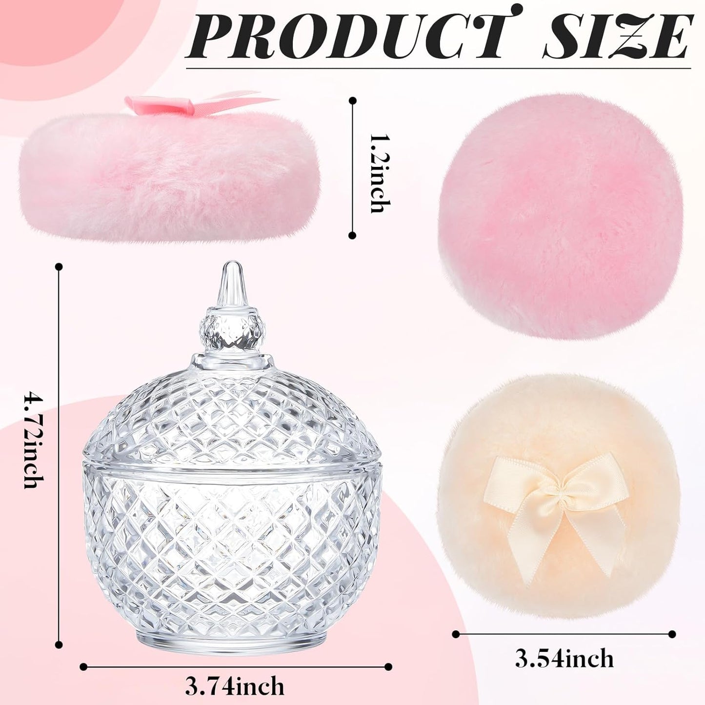 Tioncy 3 Pcs Large Body Powder Puff and Container Valentine's Day gift Powder Container with Puff Crystal Case Soft Washable Reusable Velour Face Body Glitter Wet Dry Makeup(Elegant,Clear)