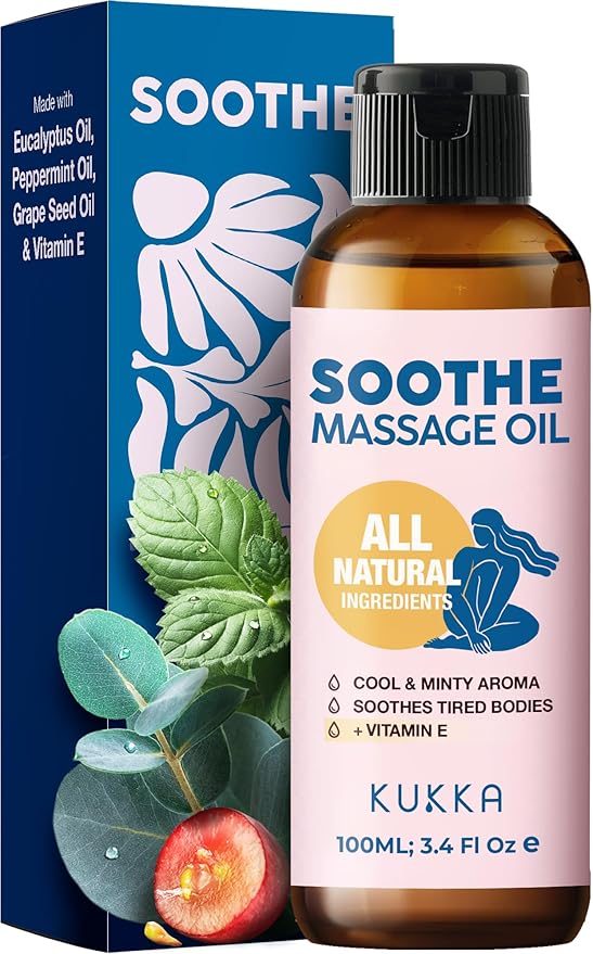 Kukka Soothe Massage Oil for Massage - 3.38 Fl Oz - 100% Pure Natural, Warming for Women & Men with Eucalyptus, Peppermint, Grapeseed & Vitamin E