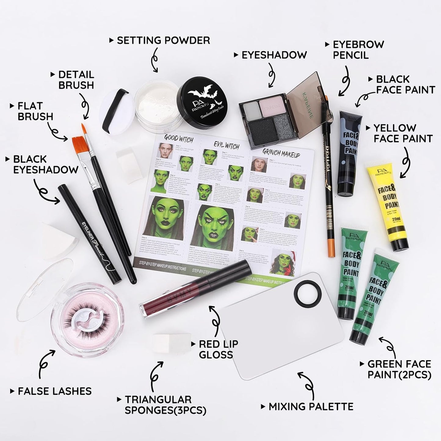 Halloween for Witch Makeup Kit, Professional Halloween SFX Makeup Set for Witch Costumes, Non-Toxic Water-Based Face Paint Set with Green Face Paint, Eyeliner for Cosplay,Stage, Party