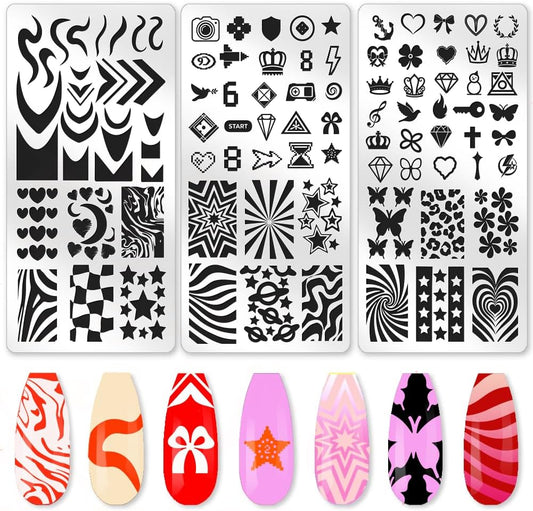 3Pcs Nail Stamping Plates, Love Butterfly Pattern Stainless Steel Nail Art Stamping Templates Manicure Tool Kit with 1 Stamper and 1 Scraper for DIY Nail Art Designs