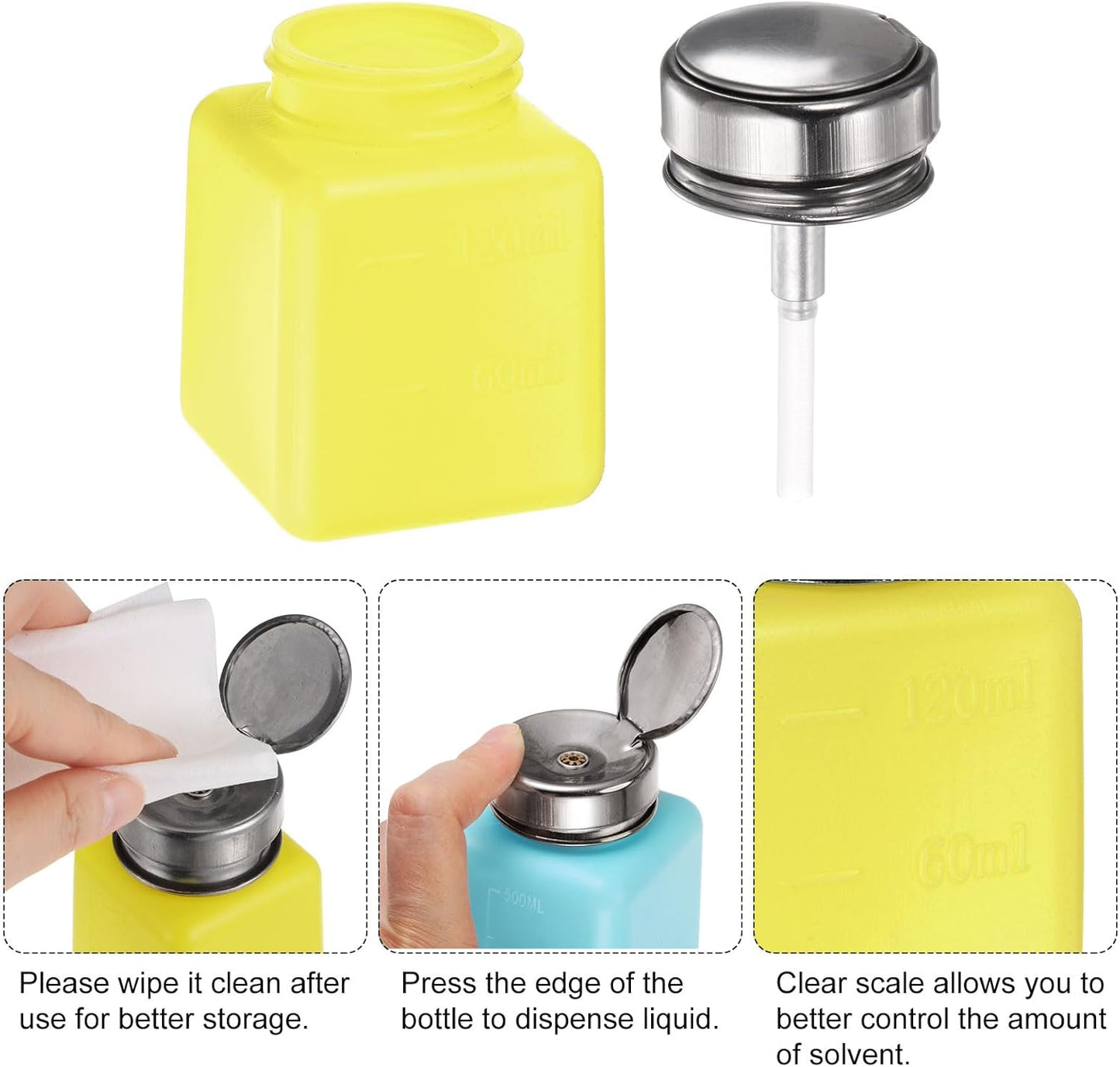 HARFINGTON 4PCS 120ML(4oz) Push Down Alcohol Dispenser Pump Liquid Press Empty Bottles Refillable Container for Acetone Cleanser Nail Polish Remover, Yellow