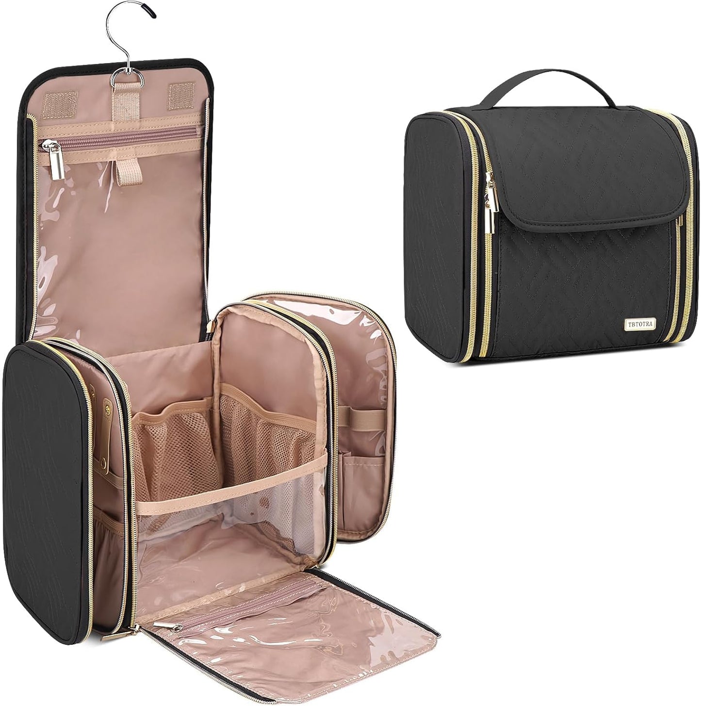 Hanging Toiletry Bag & Makeup Bag for Women with Jewelry Organizer - TSA Approved Large Capacity Travel Cosmetic Organizer, Waterproof Shower Essentials Case with Transparent Pockets, Black