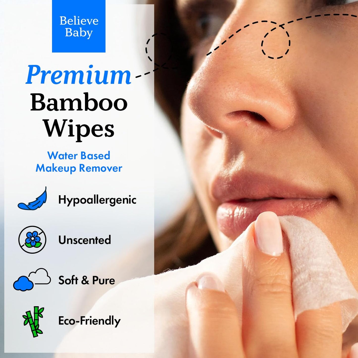 Believe Sensitive Skin Makeup Remover Wipes Unscented 80pc x 4 Packs - Bamboo Viscose Unscented Face Wipes, Disposable Water-Based Make Up Remover, Gentle and Makeup Wipe for Women