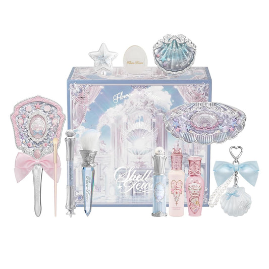 Flower Knows Shell’s Jewel 13-Piece Makeup Gift Box Set,Lip Gloss×2+Blush×1+ Eyeshadow Palette×1+Highlighter×3+Hand Mirror×1+Hair Clip×1+Mini Powder Puff×1+Blush Brush×1+Eyeshadow Brush×1+Gift Box×1