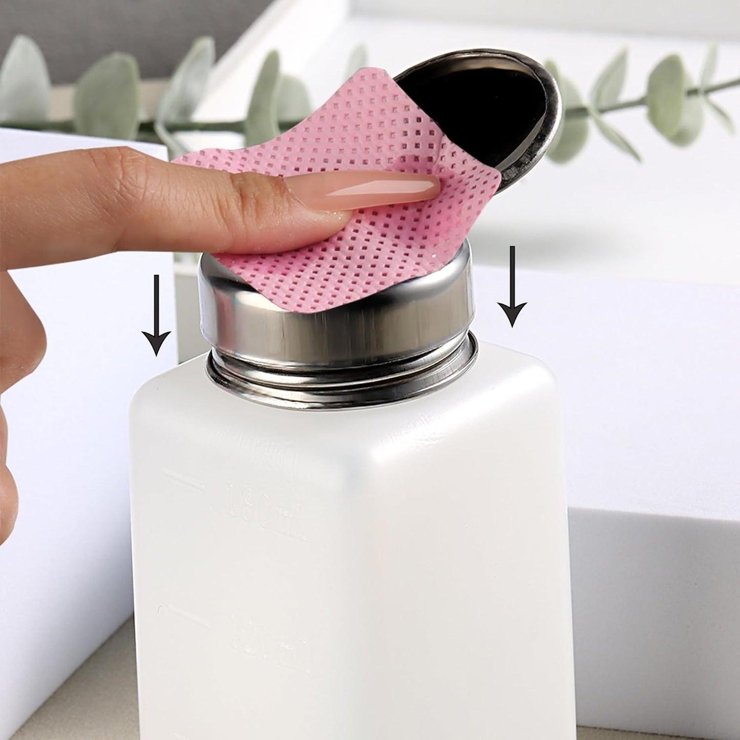 Alcohol Dispenser 180ml Push Down Pump Dispenser 200Pcs Lint Free Nail Wipes, Push Down Empty Bottle Metal Nail Polish Remover Pump, Lip & Eye Makeup Remover Bottle