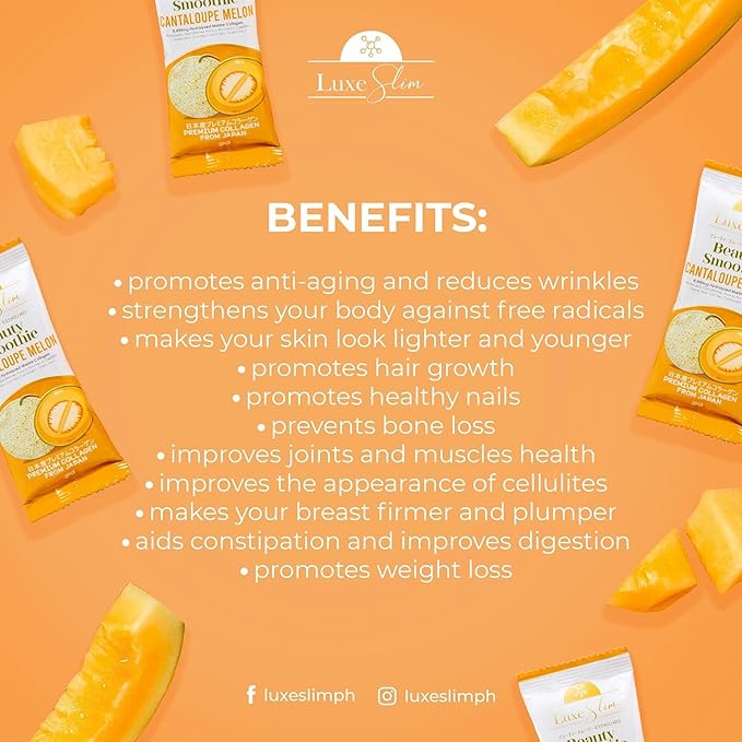 Luxe Slim Beauty Smoothie Cantaloupe Melon, 80,000mg Hydrolyzed Marine Collagen, 21gx10 Sachets, 7.4075 Ounce