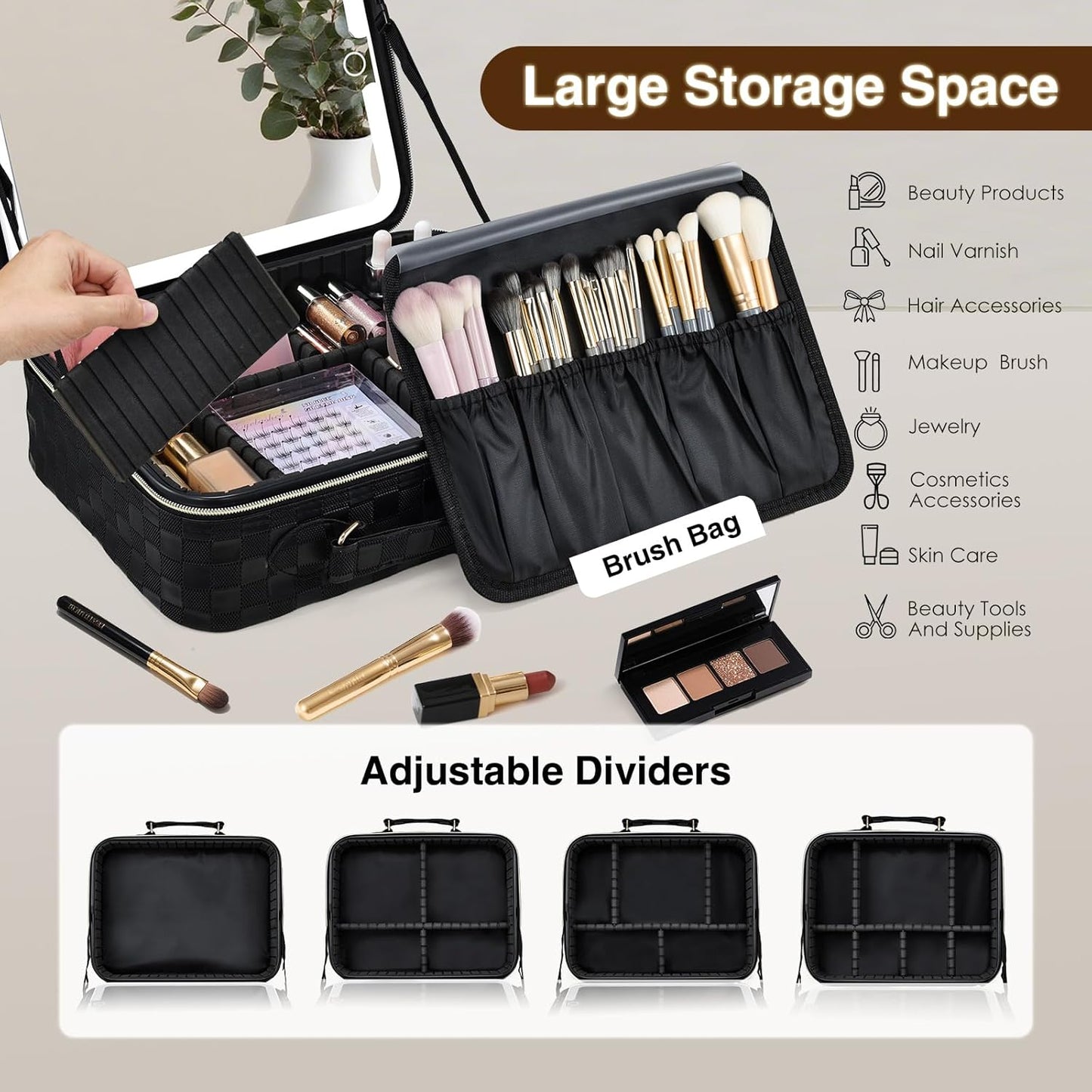 Makeup Bag with LED Lighted Mirror 12.2 IN Travel Makeup Bag Adjustable Brightness in 3 Colors Cosmetic Organizer Artist Storage Bag with Dividers Brush Holder Bag Vanity Black Checkerboard