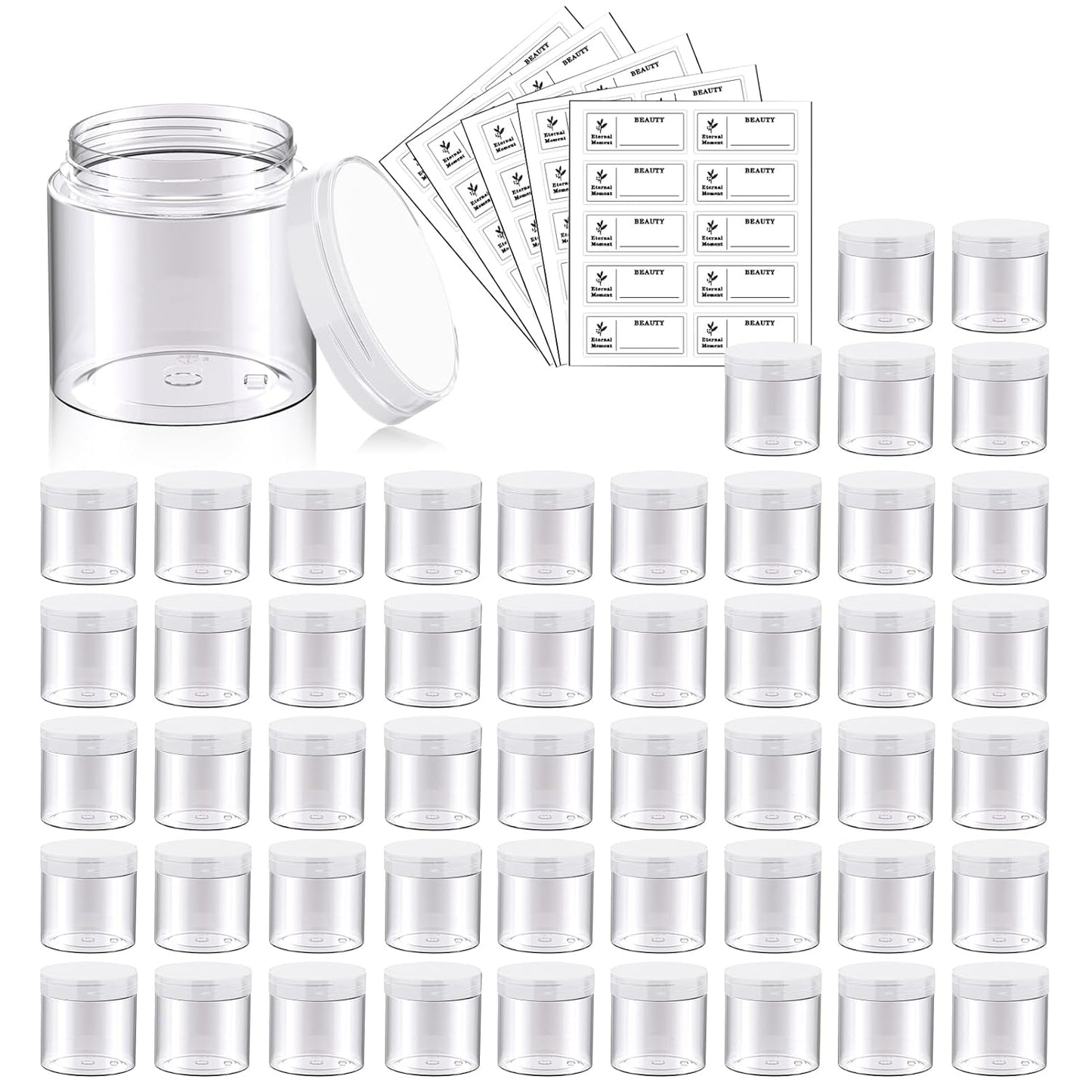 50 Pack 2 OZ Plastic Jars Round Clear Cosmetic Container with Clear Lids, Eternal Moment Slime Jars for Lotion, Cream, Ointments, Makeup, Eye shadow, Rhinestone, Samples, Pot, Travel Storage