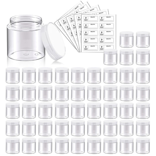 50 Pack 2 OZ Plastic Jars Round Clear Cosmetic Container with Clear Lids, Eternal Moment Slime Jars for Lotion, Cream, Ointments, Makeup, Eye shadow, Rhinestone, Samples, Pot, Travel Storage