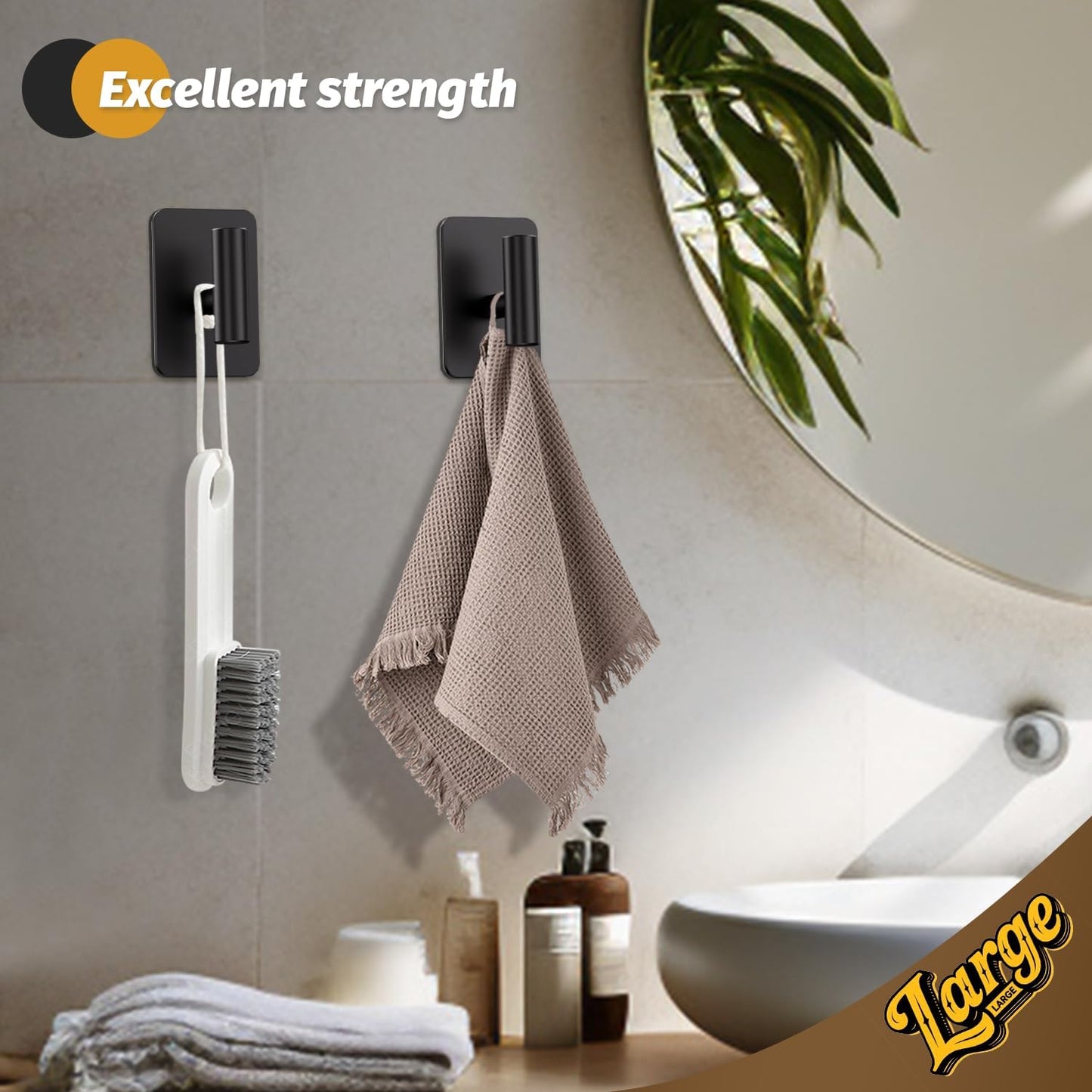 Heavy Duty Adhesive Hooks - 26lb Max, Sticky Wall Hooks Waterproof Stainless Steel for Hanging Towel, Coat, Robe, Towel Hooks Stick on Bathroom, Kitchen, Shower, Door (Black, 4 Pack)