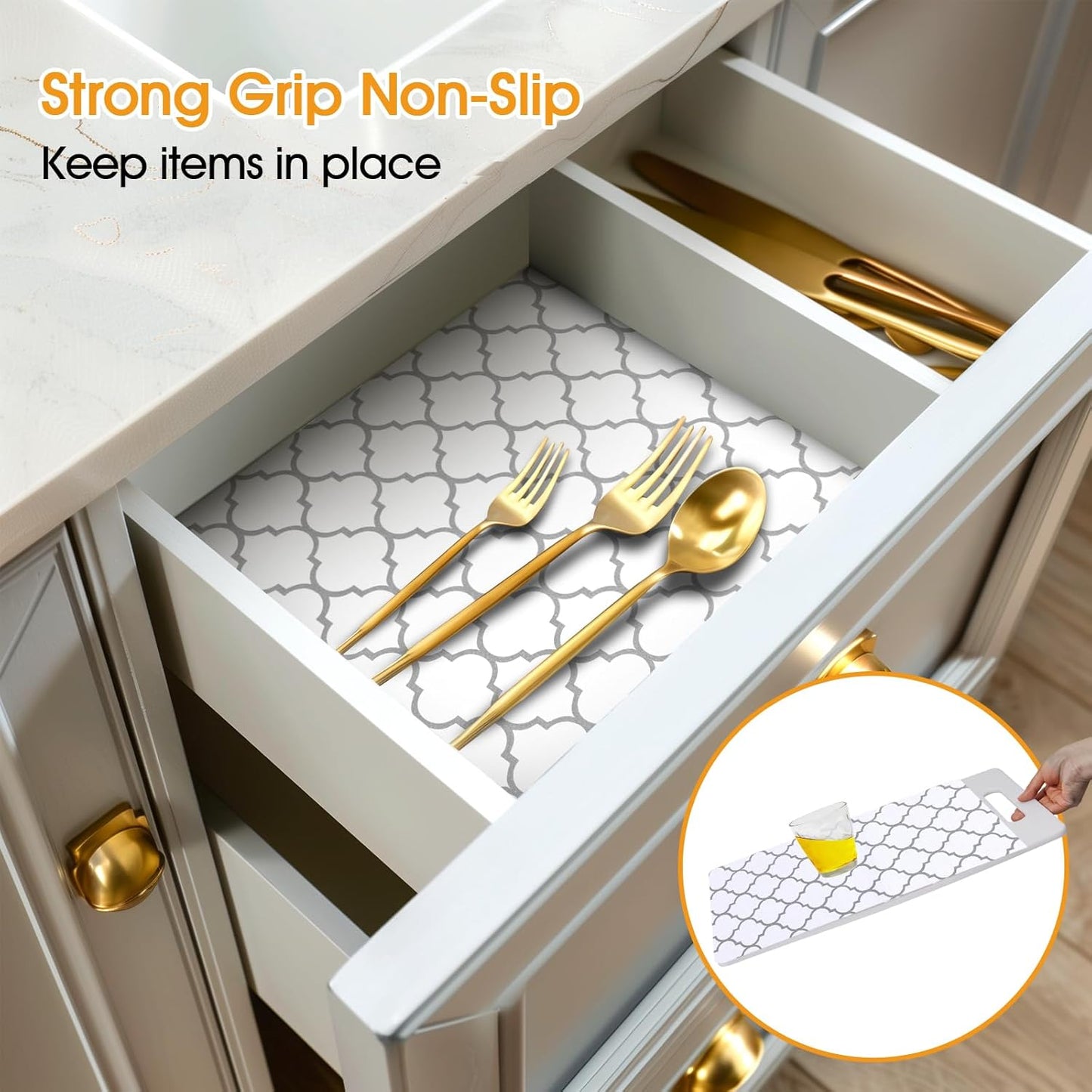 Shelf and Drawer Liner for Kitchen Cabinets Non-Adhesive, Strong Grip Non-Slip Thickened Cabinet Liners for Shelves, Waterproof Mats for Dresser Cupboard, White/Gray, 12 in x 30 Feet