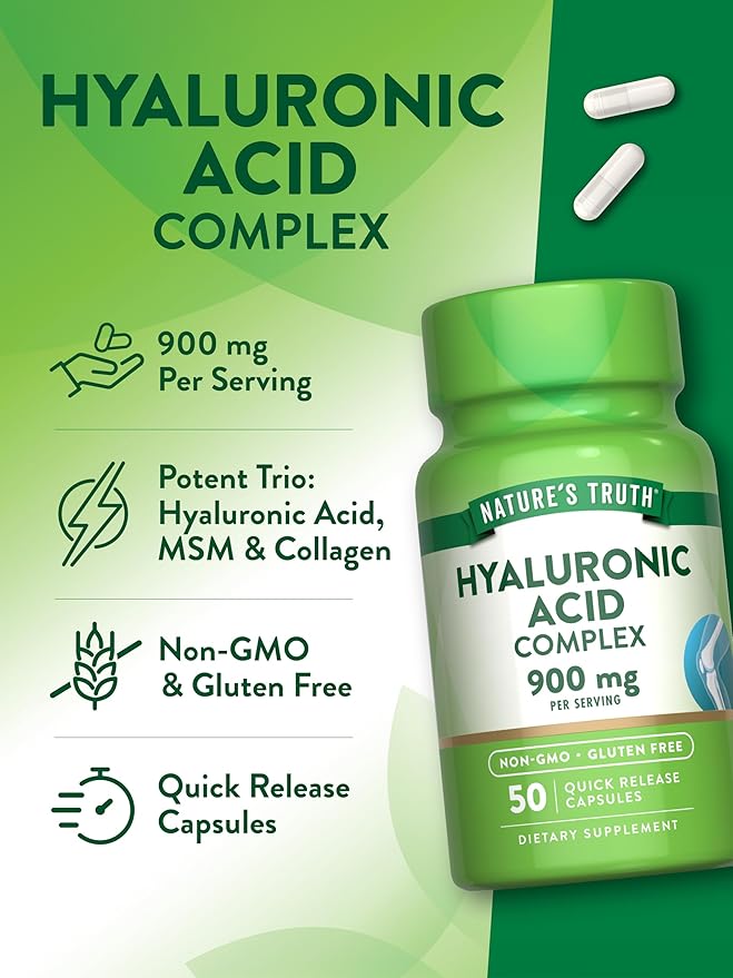 Nature's Truth Hyaluronic Acid with Collagen & MSM | 900mg | 50 Capsules | Non-GMO & Gluten Free Supplement