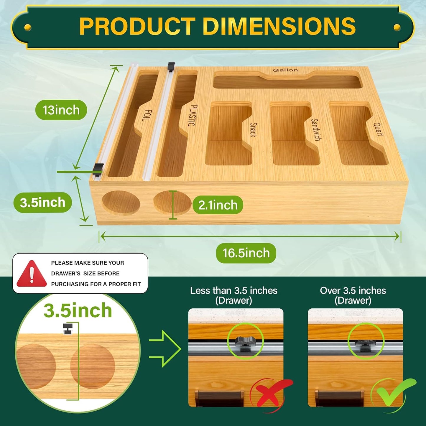 KOCWELL Bag Organizer and Plastic Wrap Dispenser with Cutter, 6 In 1 Bamboo Foil and Plastic Wrap Organizer for Kitchen Drawer, Food Storage Bag Organizer for Gallon,Quart,Sandwich,Snack(Yellow)