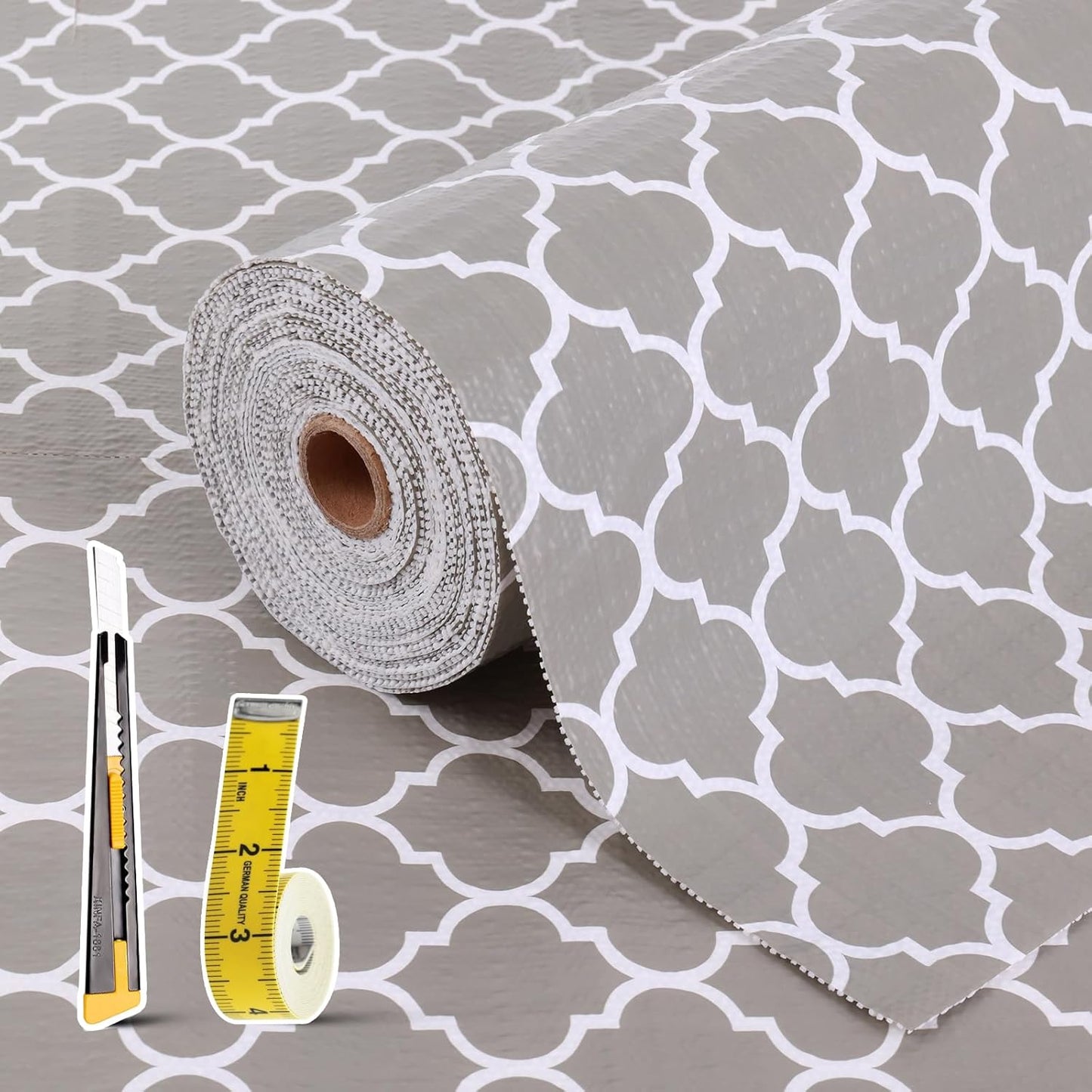 Drawer and Shelf Liner for Kitchen Cabinet: 17 in X 30 Ft Non Slip Waterproof Shelf Paper Non Adhesive Refrigerator Liners Gray Quatrefoil Easy Liners for Bathroom Cupboard with Knife Tape Measure
