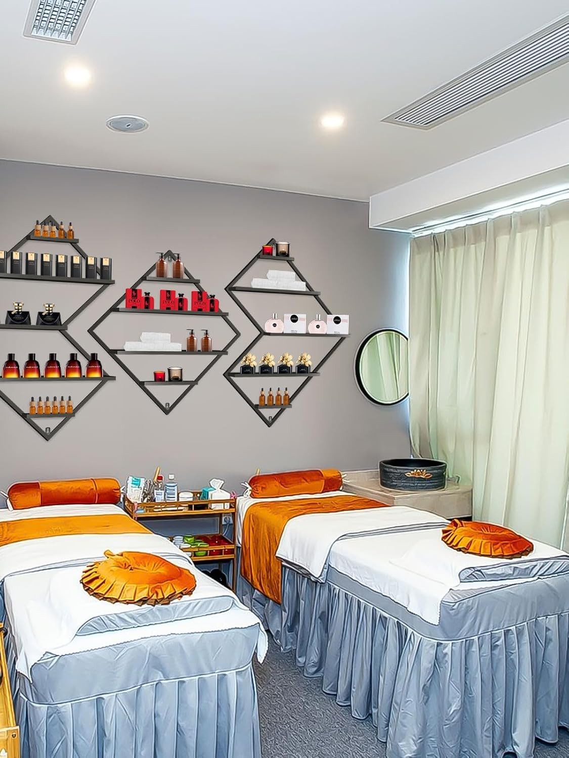 EBANKU Metal Wall Mounted Nail Polish Storage Racks, Black Display Rack Cosmetic Display Case Lipstick Wall Shelf Essential Oil Organizer for Bottles Spa Nail Salon (Irregular Rhomboid)