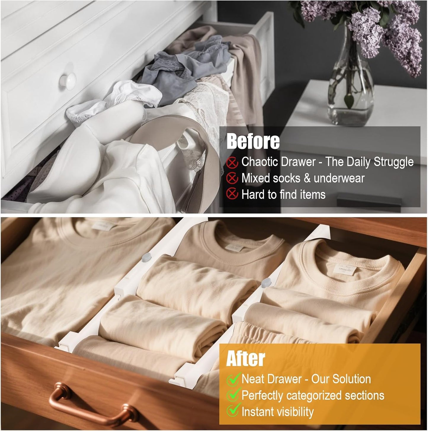 8 Pack 4" High Drawer Dividers, 11"-17" Expandable Drawer Organizer For Clothes, Dresser Drawer Organizer, Warm White Drawer Separators for Baby Clothes, Vanity, Cosmetic, Kitchen and Office Storage