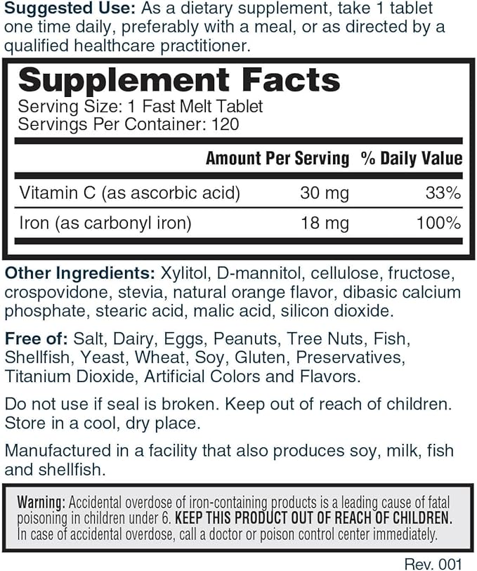 Nature's Lab Iron Plus Vitamin C Fast Melt Tablets - Gentle on the Stomach Carbonyl Iron, High Absorption for Healthy Red Blood Cells* - 120 Tablets