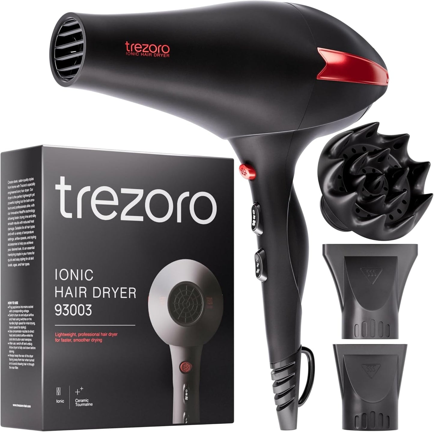 TREZORO Professional Blow Dryer – Ionic Hair Dryer 2000W with Diffuser for Salon & Personal Use – Powerful, Fast & Quiet Drying for Curly Hair, Unwanted Frizz – Design for Travel – 8.2ft Cord
