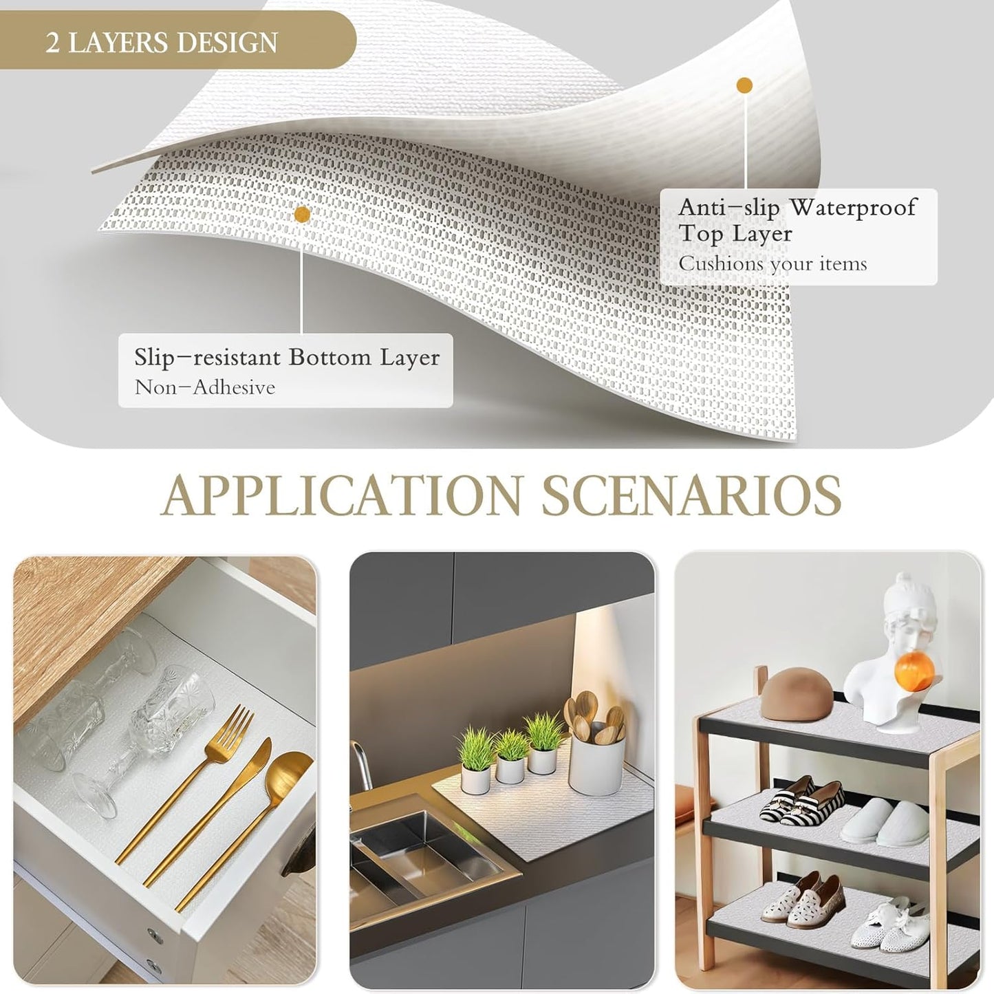 Beautysaid Shelf and Drawer Liner for Kitchen Cabinet, Non Adhesive Non Slip Shelf Paper Waterproof Washable Thickened for Dresser Pantry Shelve Bathroom Protector Liner(White,20 in x 20FT)