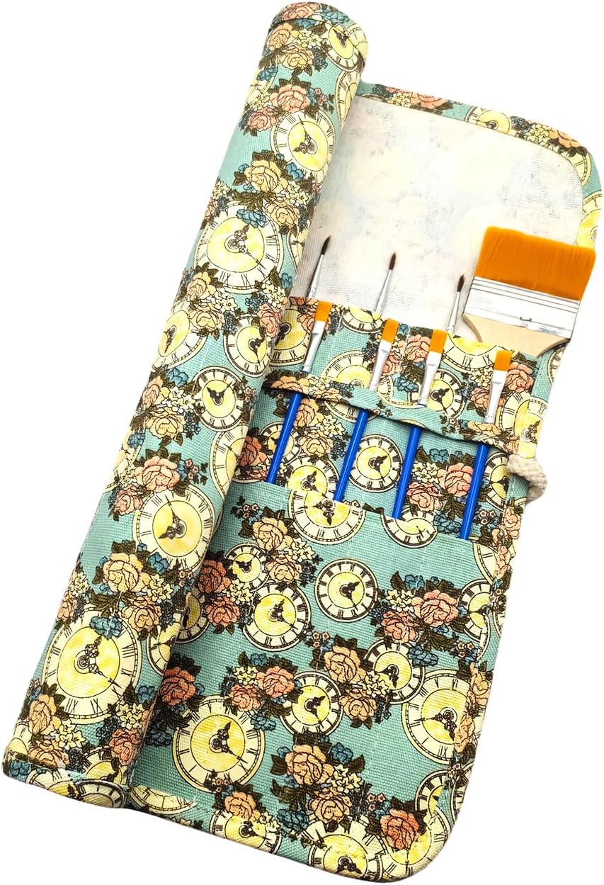 Funny live Paint Brush Holder Art Supplies, Artist Paint Brush & Storage Organizer Roll-Up Case Bag, Protect Acrylic Oil Watercolor Paintbrushes (Clock 20 Slot Pockets)