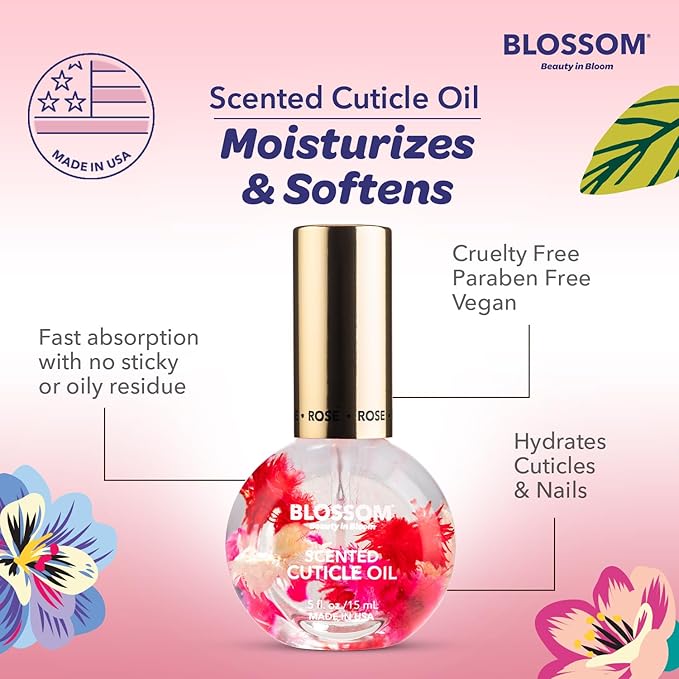 Blossom Cuticle Oil for Nails, Hydrating, Moisturizing, Scented Nail Oil Cuticle Care, Infused with Real Flowers, Made in USA, 0.5 fl. oz, Rose