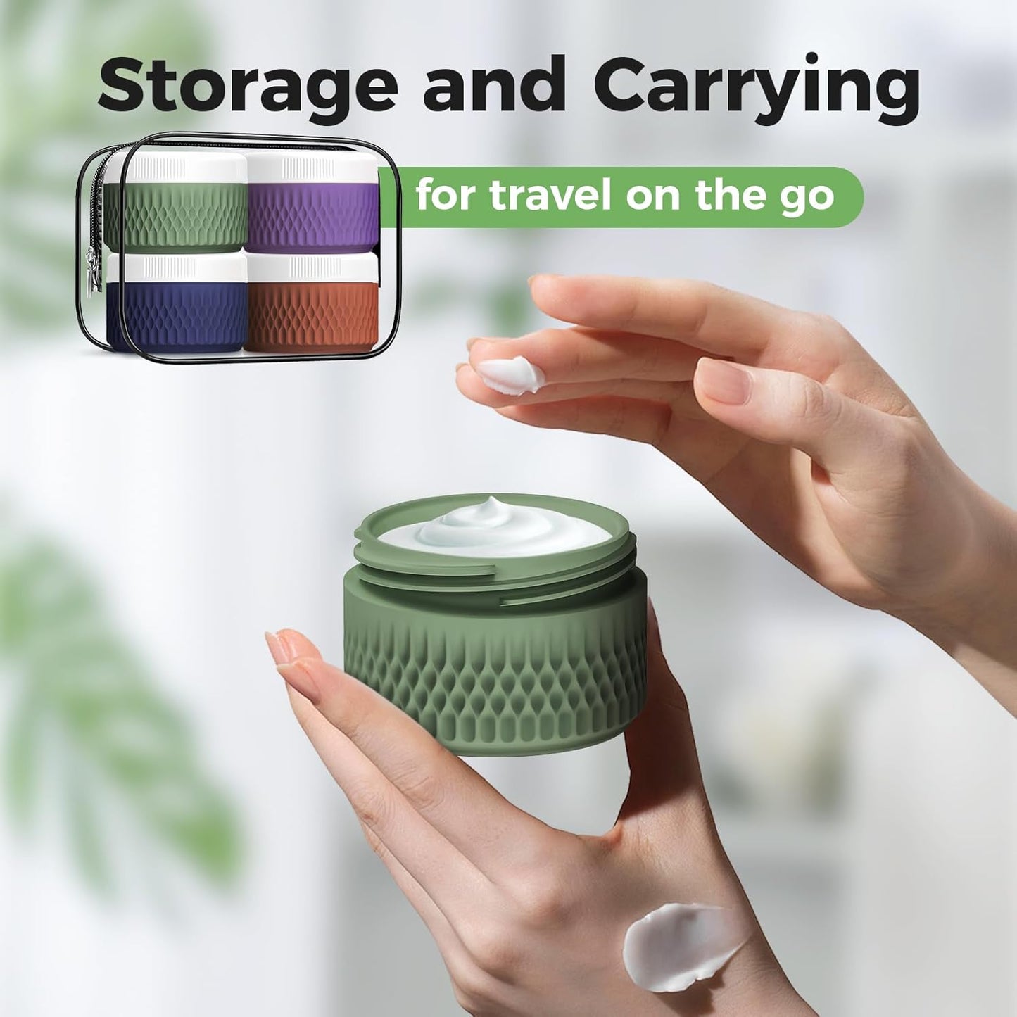 BPA Free Silicone Cream Jars - TSA Approved 3oz Travel Size Containers, Leak-proof with Lid for Cosmetic, Face, Hand, Body Glitters