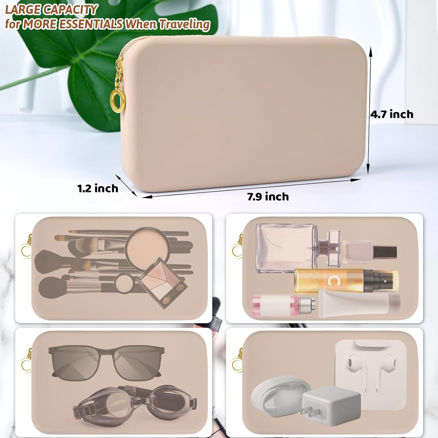 Sakolla Zipper Makeup Brushes Bag For Travel, Make Up Brushes Pouch Case for Makeup Tools, Large Silicone Makeup Brush Holder for Daily Work (Khaki)