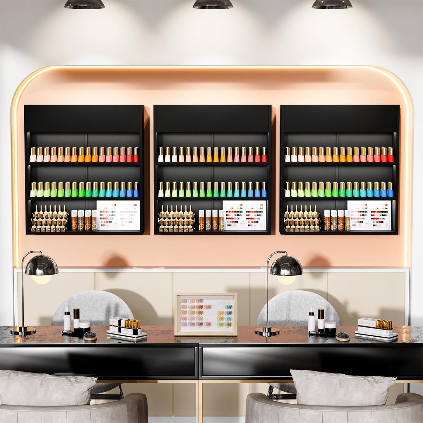 OmySalon Wall Mounted Display Rack, 32-Inch 3-Tier LED Nail Polish Organizer Shelf with USB Touch Control, for Nail Salon, Spa, Beauty Studio Storage, Wooden Retail Display (Black)