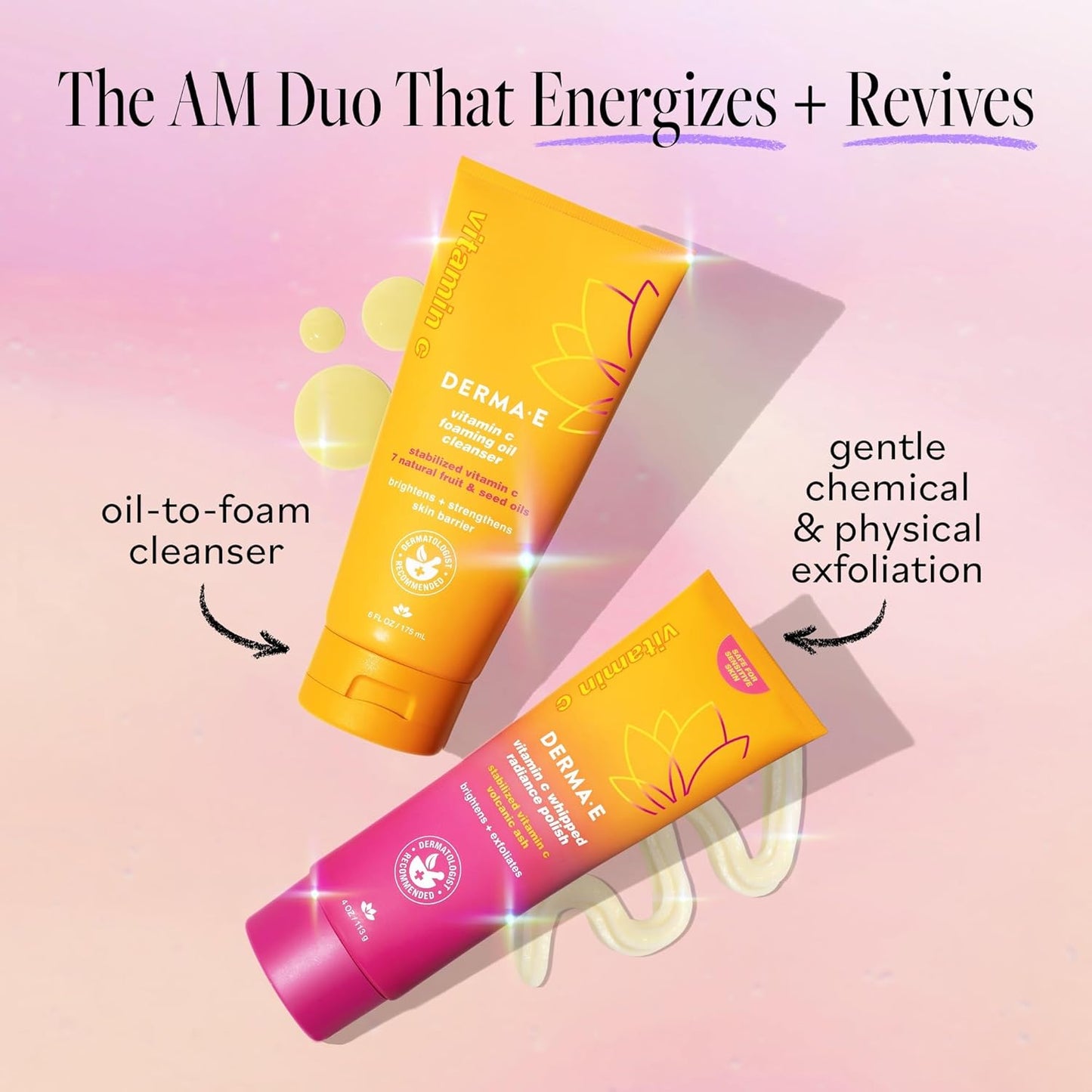 Derma E Vitamin C Foaming Oil Cleanser, 6 Fl Oz, 2-in-1 Oil-to-Foam Face Wash, Makeup Remover, Stabilized Vitamin C & Niacinamide to Help Brighten, Nourish & Strengthen Skin Barrier, Gentle Skin Care