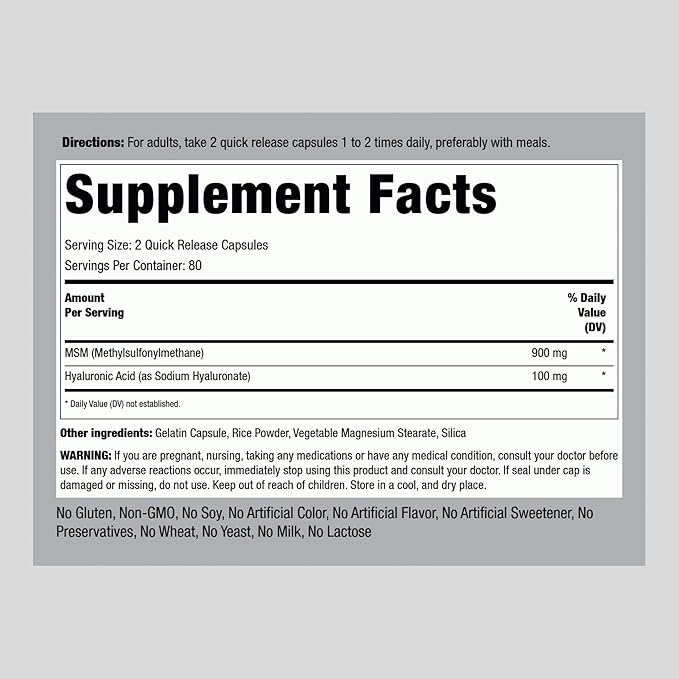 Piping Rock Hyaluronic Acid with MSM | 1000mg | 160 Capsules | Non-GMO and Gluten Free Supplement