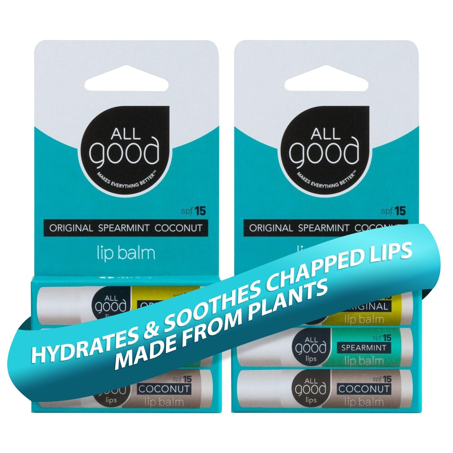 All Good Organic SPF15 Lip Balm - Hydrating Lip Care with Olive Oil, Beeswax, Calendula, Lavender, Vitamin E - Lip Moisturizer with Zinc Oxide Protection - Original, Spearmint & Coconut (6-pack)