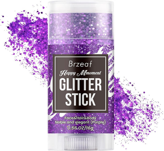 Brzeaf Waterproof Purple Glitter Stick, Not Greasy & Shimmery & Long Lasting, Chunky Glitter for Face/Body/Hair/Eyes, Singer Concert Music Halloween Rave Festival, Glitter Stick Makeup for Women Men