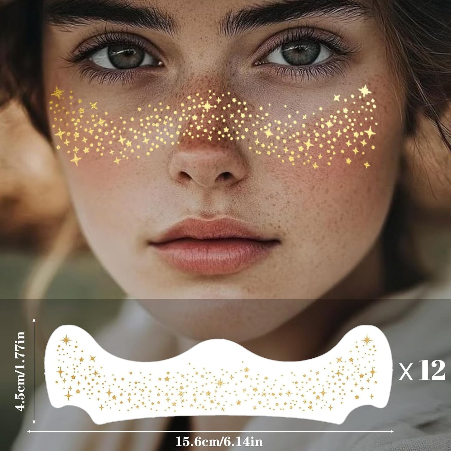 Glitter Freckles, Holographic Face and Body Glitter Tattoo Sparkle for Women Gold Glow Cosmetic Star Makeup Accessories for Festival Rave (12pcs Gold)