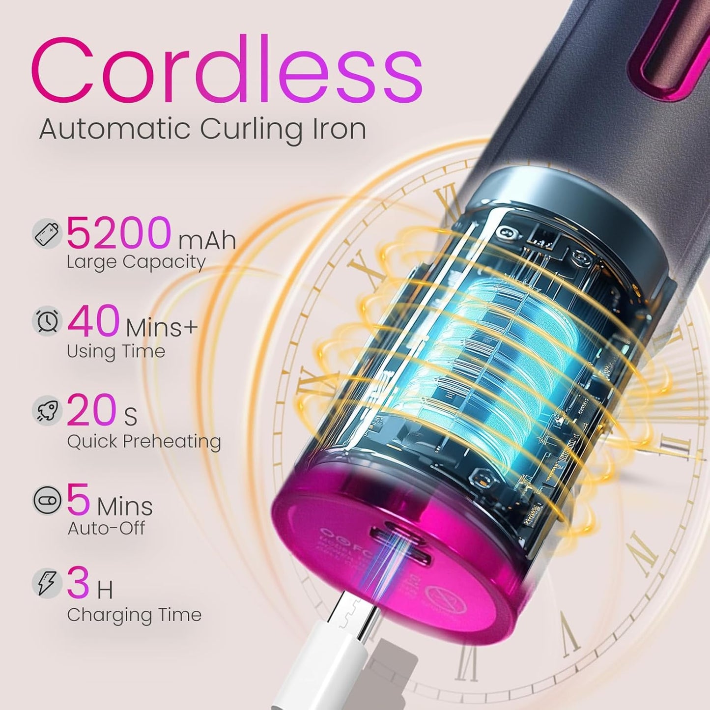 Automatic Curling Iron 3/4 inch Barrel, Cordless Automatic Curling Iron 5200mAh USB Rechargeable, Auto Hair Curler for Long Hair, Ceramic Travel Curling Wand, Auto Shut-Off & Anti-Tangle Design